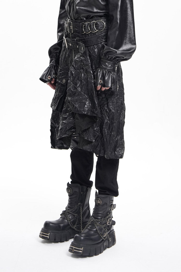Black Faux Leather Buckle Ring Eyelets Men's Gothic Skirt