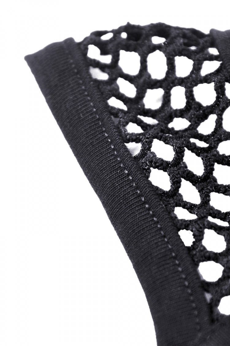 Black Halterneck Spliced Mesh Strappy Buckle Eyelet Harness Women's Punk Midriff-Baring Tank Top