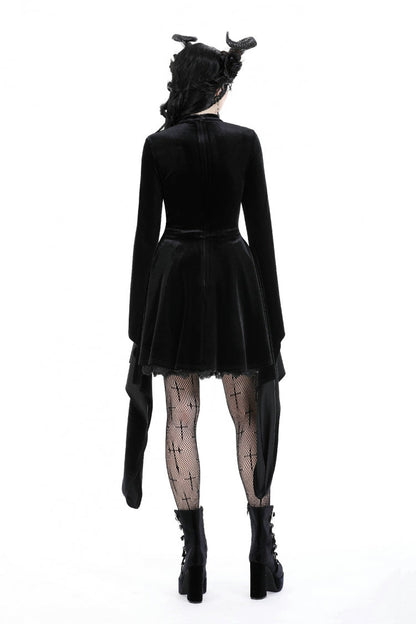 Black Long Trumpet Sleeves Spliced Lace-Up Spider Mesh Women's Gothic Velvet Wedding Dress