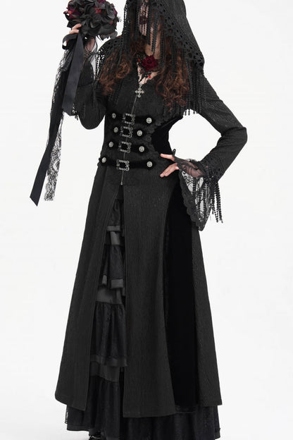 Black Buckle-up Tassels Hooded Women's Gothic Coat