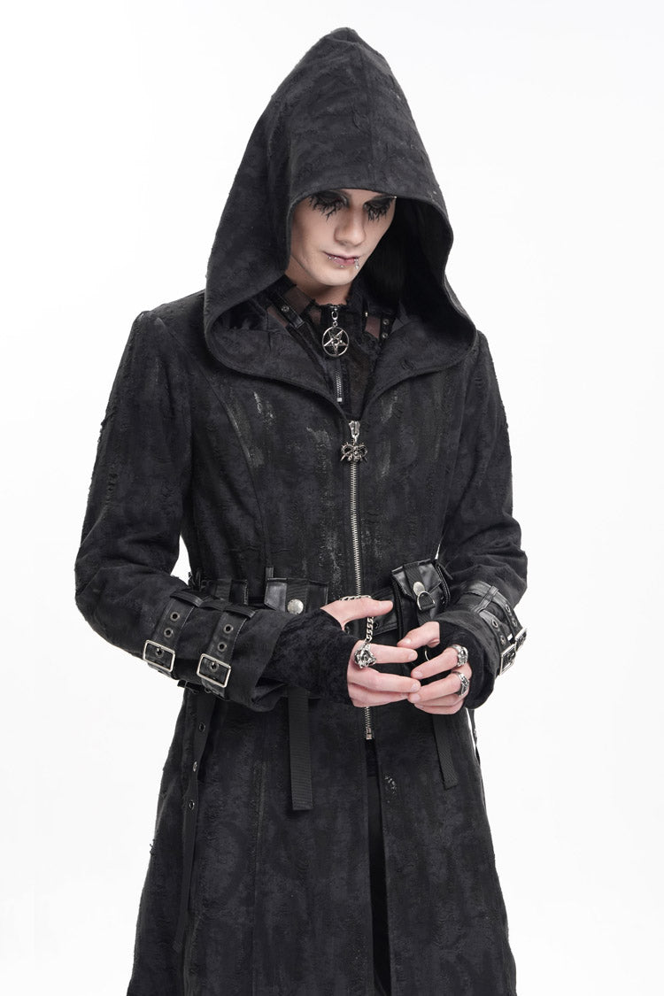 Black Buckle-up Eyelets Long Sleeves Hooded Men's Gothic Jacket
