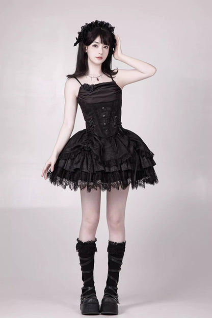 Black  [Letters & Poems · Twilight] Multi-Layered Jacquard Ruffled Witch Gothic Lolita Skirt 2 Versions