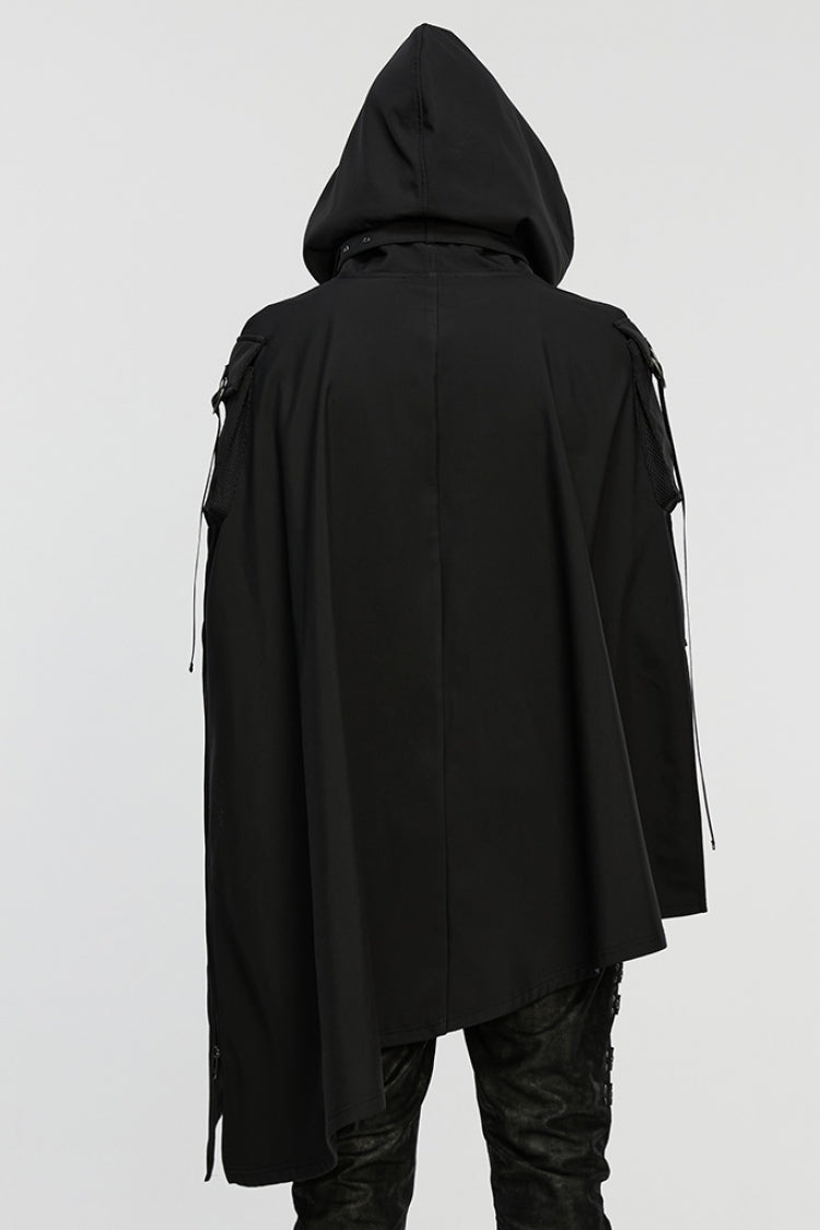 Black Irregular Hooded Buckle Straps Men's Punk Cloak