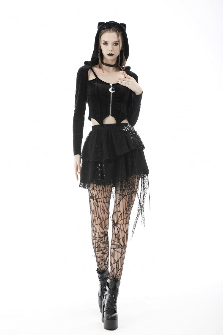 Black Long Sleeves Irregular Moon-shaped Zipper Women's Punk Crop Top with Cat's Ears Hood