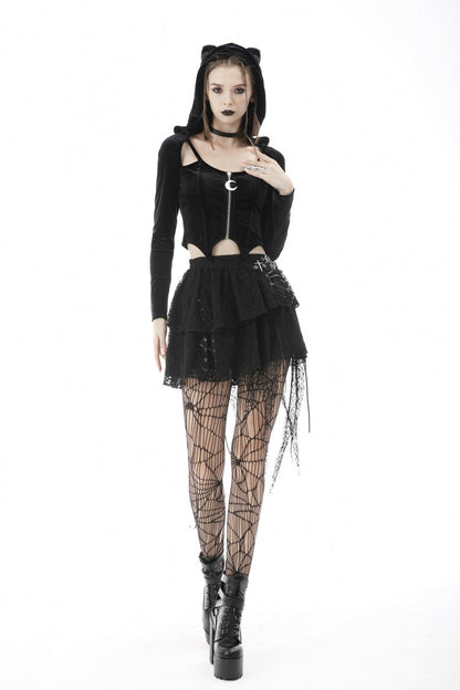Black Long Sleeves Irregular Moon-shaped Zipper Women's Punk Crop Top with Cat's Ears Hood