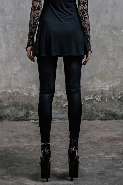 Black Front Splice Mesh Lace Up Gothic Knit Womens Pants