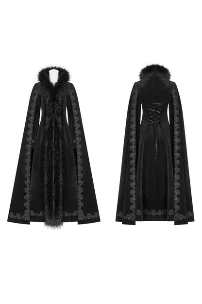 Black Fur Collar Slit Cloak Shape Sleeve Back Waist Lace Up Imitation Cashmere Long Women's Gothic Coat