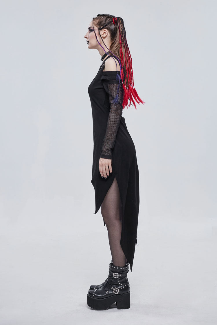 Black Asymmetric Distressed Design Metal Ghost Hand Buttonhole Decoration Women's Punk Dress