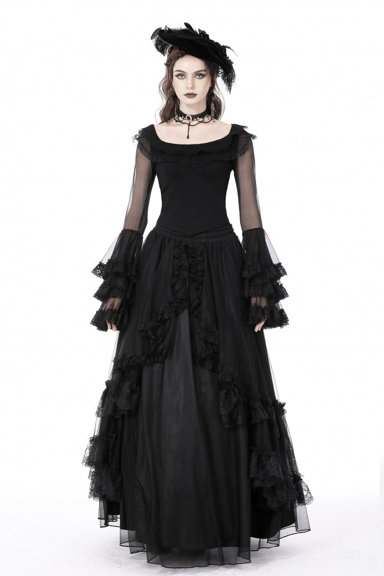 Black Multi-Layered Ruffled Lace Long Trumpet Sleeves Women's Gothic Princess Sexy Top