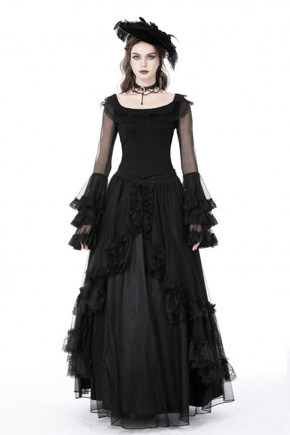 Black Multi-Layered Ruffled Lace Long Trumpet Sleeves Women's Gothic Princess Sexy Top