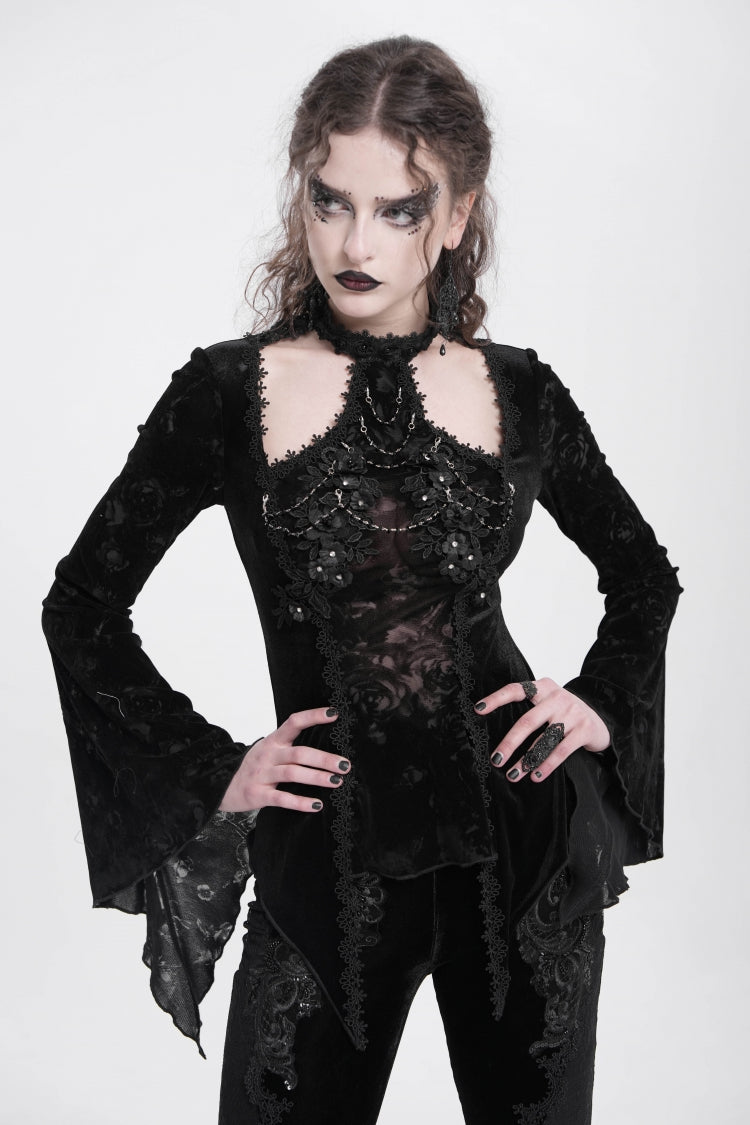 Black Halterneck Long Trumpet Sleeves Jacquard Embroidery Women's Gothic Blouse