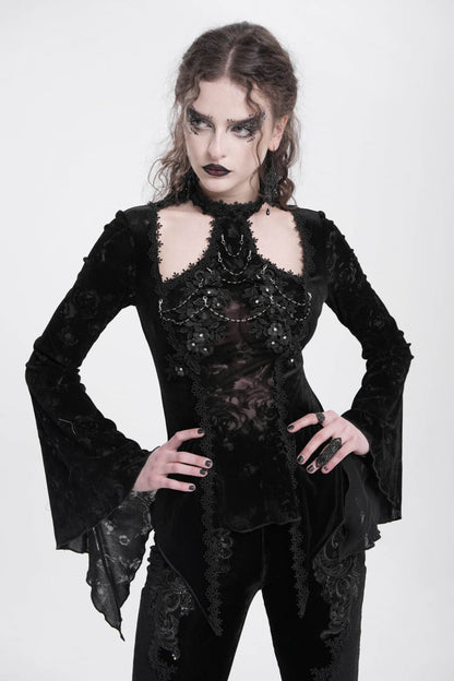 Black Halterneck Long Trumpet Sleeves Jacquard Embroidery Women's Gothic Blouse
