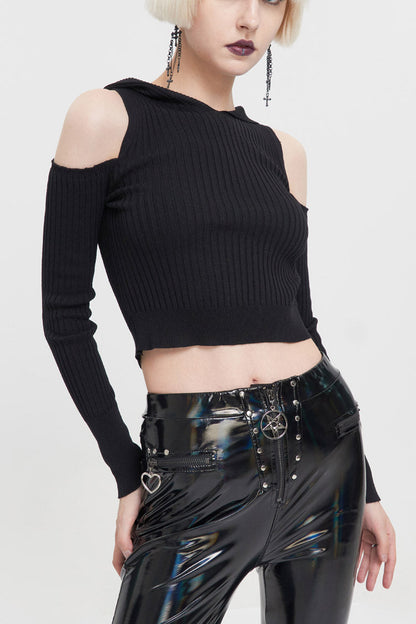 Black Hooded Off-The-Shoulder Back Cutout Rope String Upside Down Pentagram Wool Knit Long Sleeve Women's Punk Sweater