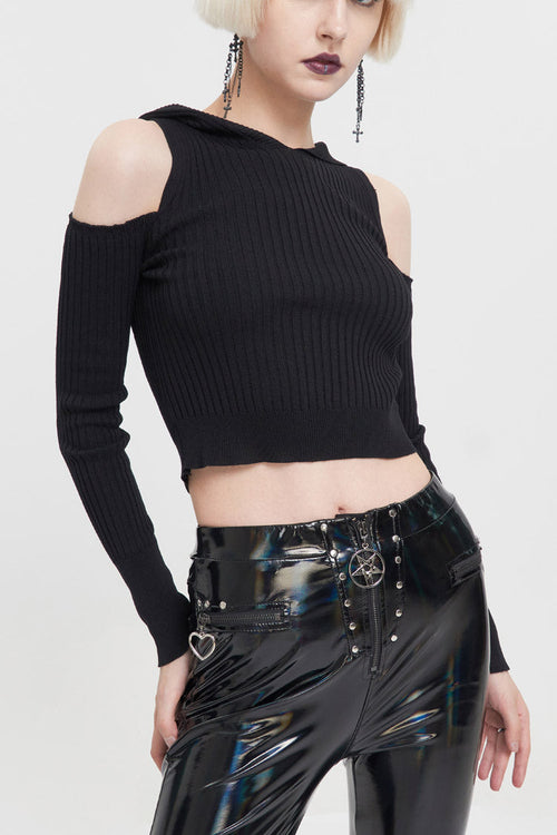 Black Hooded Off-The-Shoulder Back Cutout Rope String Upside Down Pentagram Wool Knit Long Sleeve Women's Punk Sweater