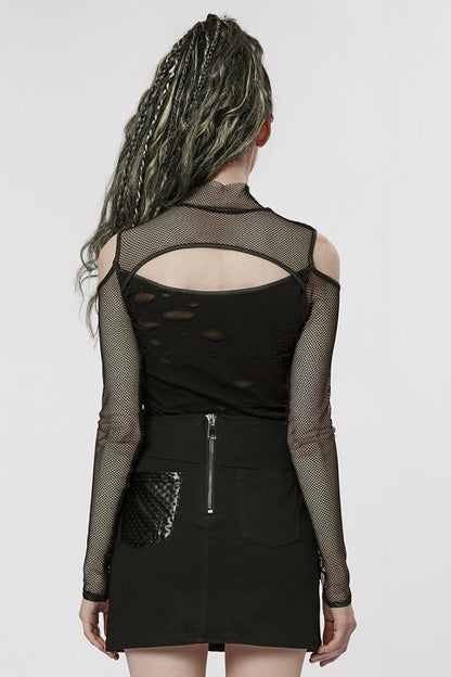 Black Off Shoulder Mesh Ripped Women's Punk T-Shirt