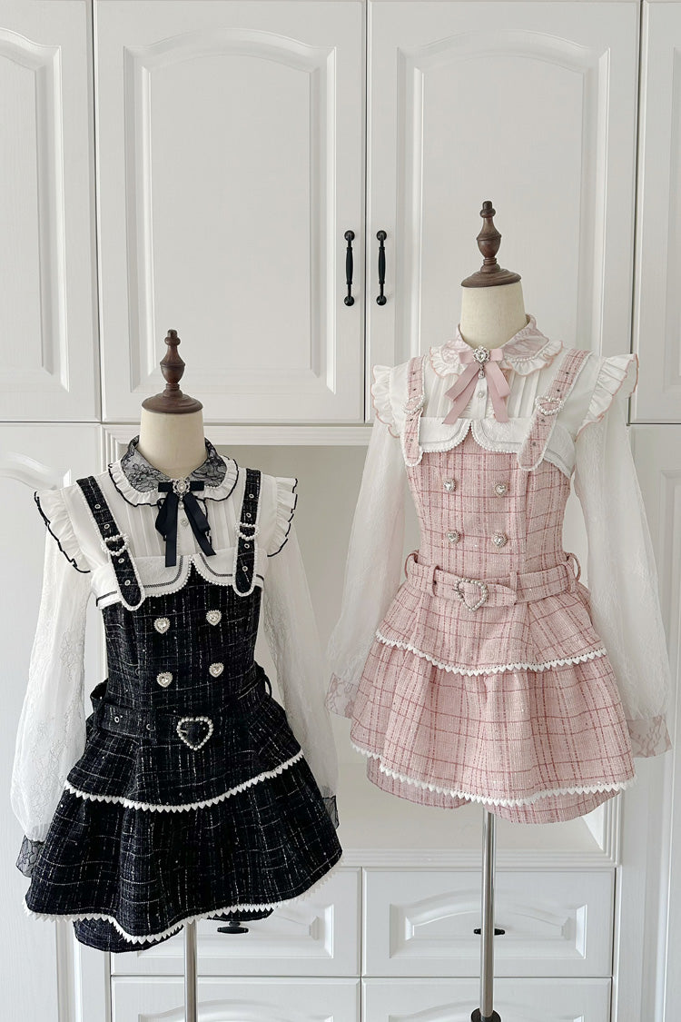 Black Plaid Printed Pearl-Decorated Sweet Jirai Kei Japanese Strap Dress Set