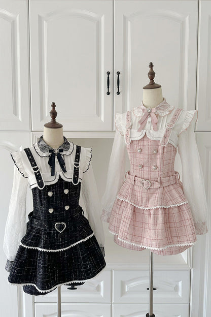 Black Plaid Printed Pearl-Decorated Sweet Jirai Kei Japanese Strap Dress Set