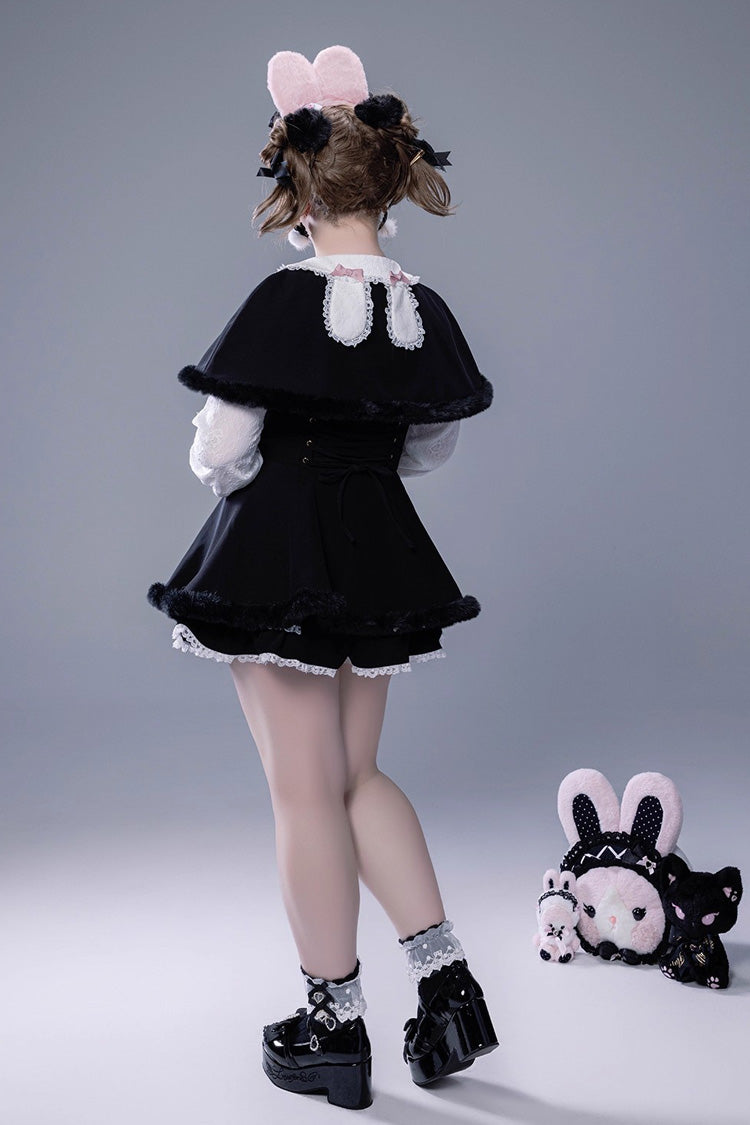 Black Long Sleeves Ruffle Bowknot Lace-Up Japanese Jirai Kei Dress Shorts Plush Set
