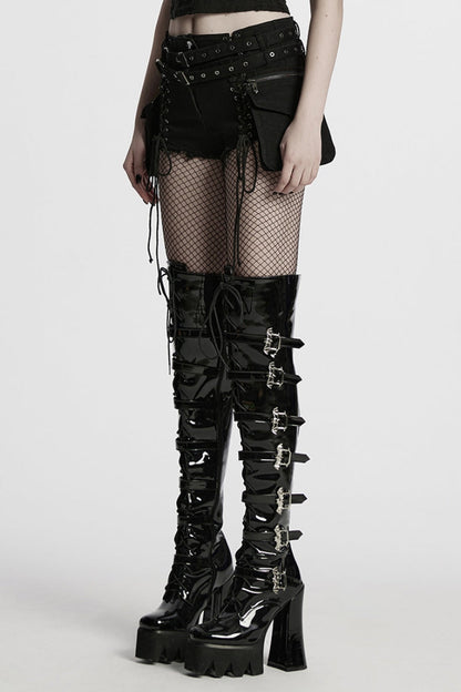 Black Lace-Up Women's Punk Denim Shorts with Detachable Pocket