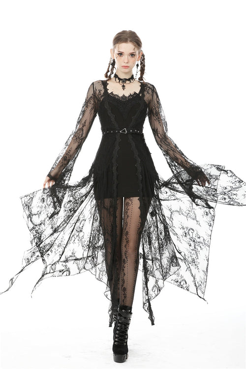 Black Long Trumpet Sleeves Sheer Floral Lace Women's Gothic Maxi Cloak with Belts