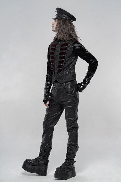 Black Jacquard Velvet Splice Weft Stand Up Collar Front Chest Breasted Decoration Men's Gothic Vest