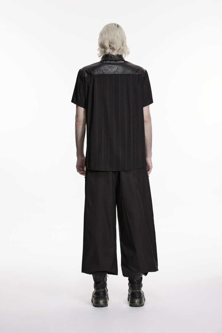 Black Lapel Collar Short Sleeves Spliced Men's Punk Shirt