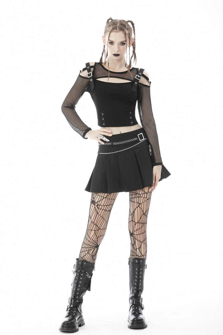 Black Pleated Big-pocket Chain-Decorated Women's Punk Mini Skirt with Belt