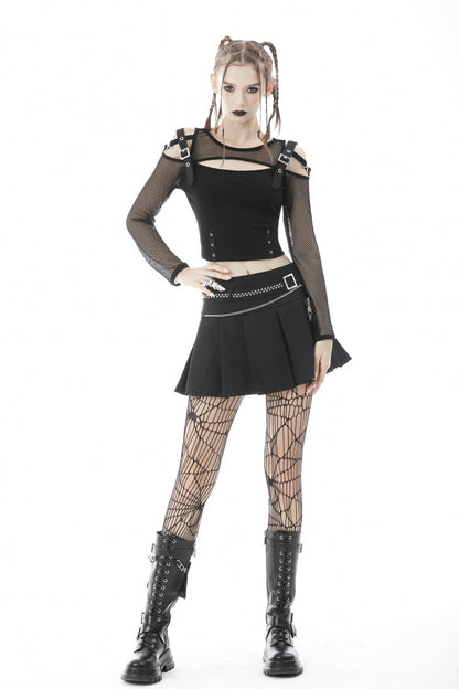 Black Pleated Big-pocket Chain-Decorated Women's Punk Mini Skirt with Belt