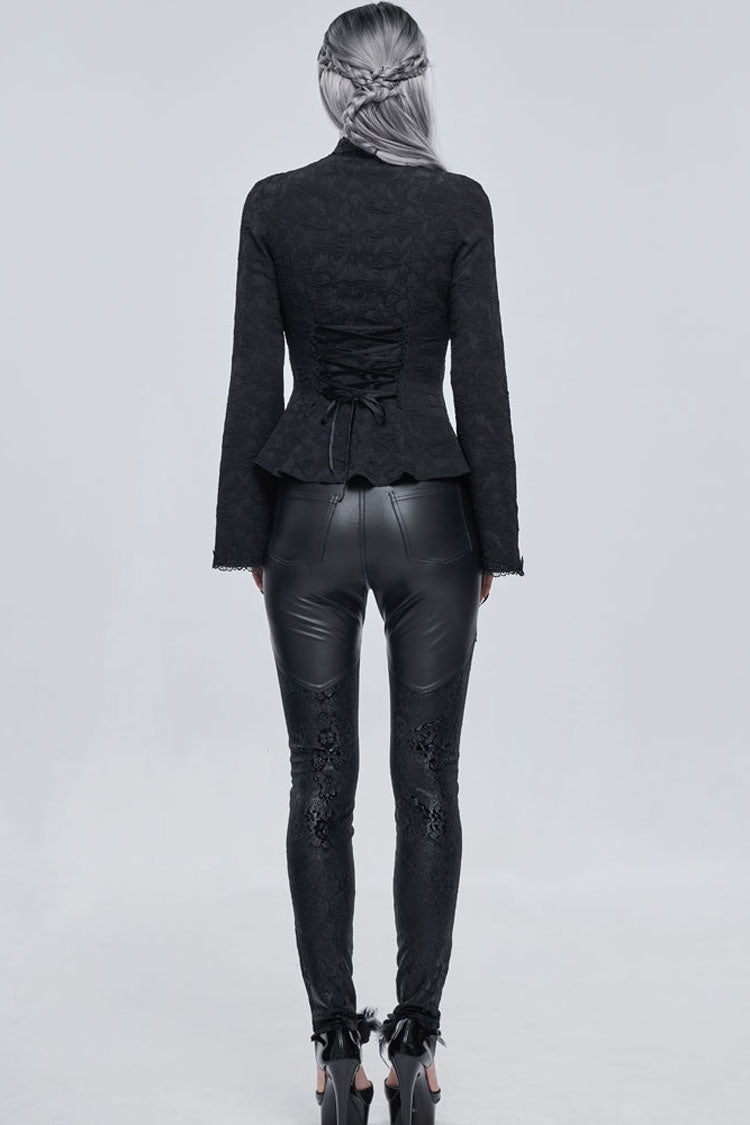 Black Gothic Metal Rose Button Leather Lace Panel Slim Fit Women's Long Pants