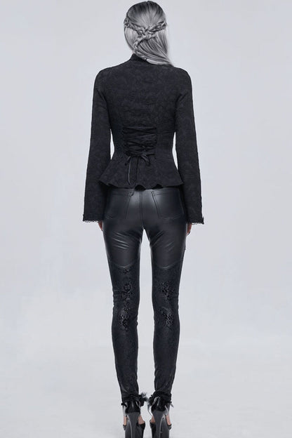 Black Gothic Metal Rose Button Leather Lace Panel Slim Fit Women's Long Pants