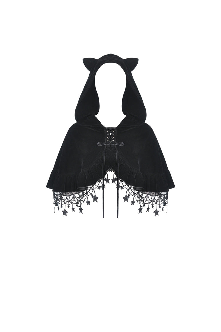 Black Lace-Up Women's Lolita Cat Ears Hooded Cape with Star Tassels
