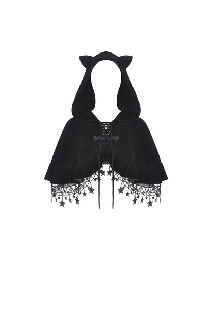 Black Lace-Up Women's Lolita Cat Ears Hooded Cape with Star Tassels