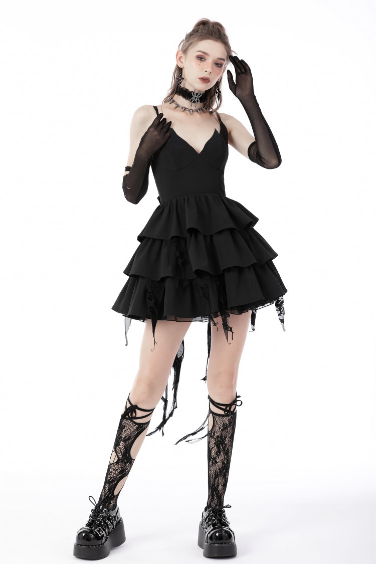 Black Little Devil Sleeveless Multi-Layered Lace-Up Women's Punk Slip Graduation Dress
