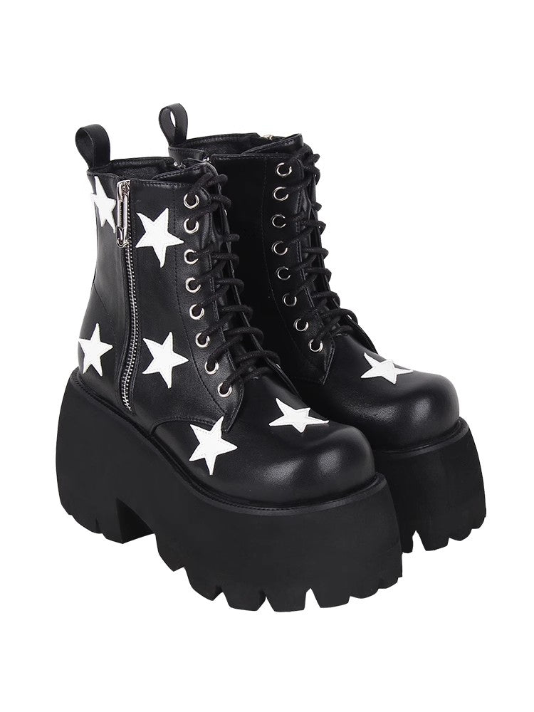 Black Five-pointed Star Print Zipper Punk Lolita Ankle Boots