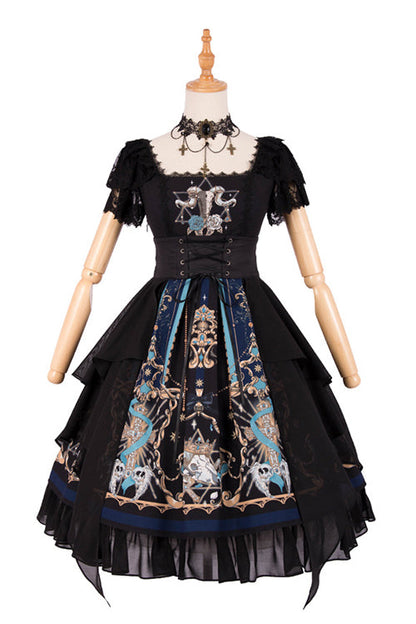 Black Lace Short Sleeve God Redemption Print Gothic Lolita Dress