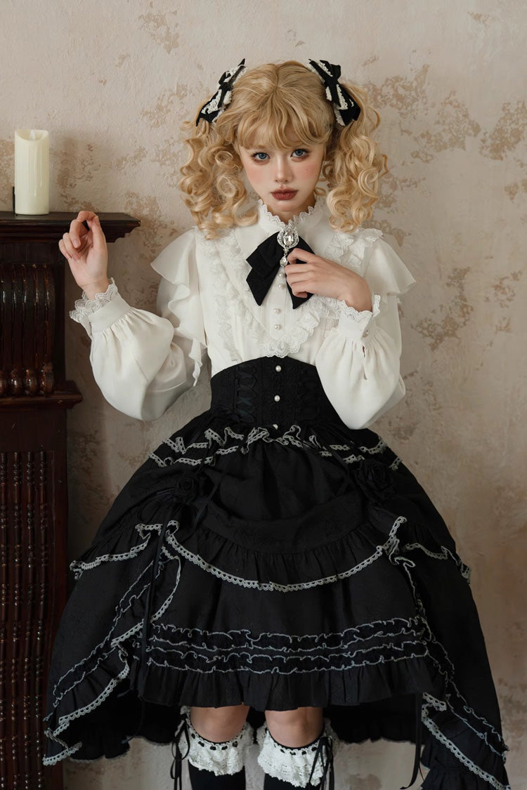 Black Late Night Castle Print Ruffle Gothic Lolita Skirt