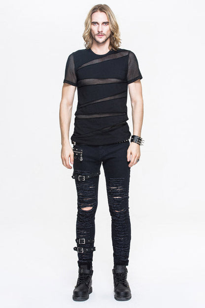 Black Partition Diamond Shape Mesh Gothic Punk Mens Tops T-Shirt