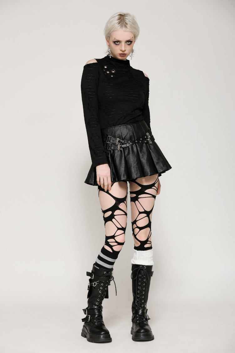 Black Long Sleeves Cut-Out Ripped Zippered Eyelets Women's Punk Distressed Top