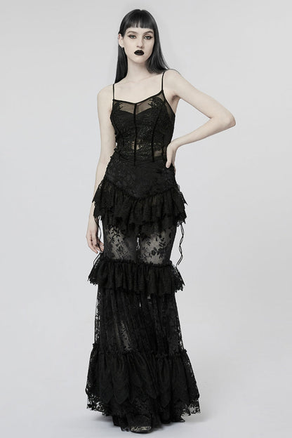 Black Multi-layer Print Ruffle Stitching Lace Sheer Women's Gothic Gorgeous Skirt