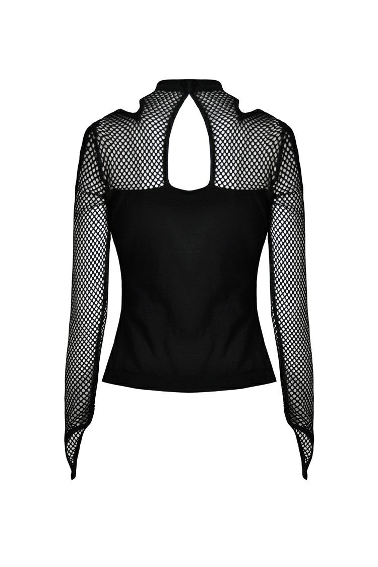 Black Off Shoulder Long Sleeves Mesh Crossed Harness Straps Eyelet Sexy Women's Punk Top