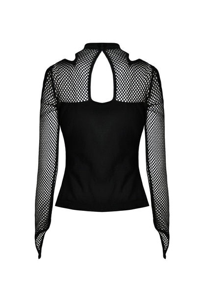 Black Off Shoulder Long Sleeves Mesh Crossed Harness Straps Eyelet Sexy Women's Punk Top