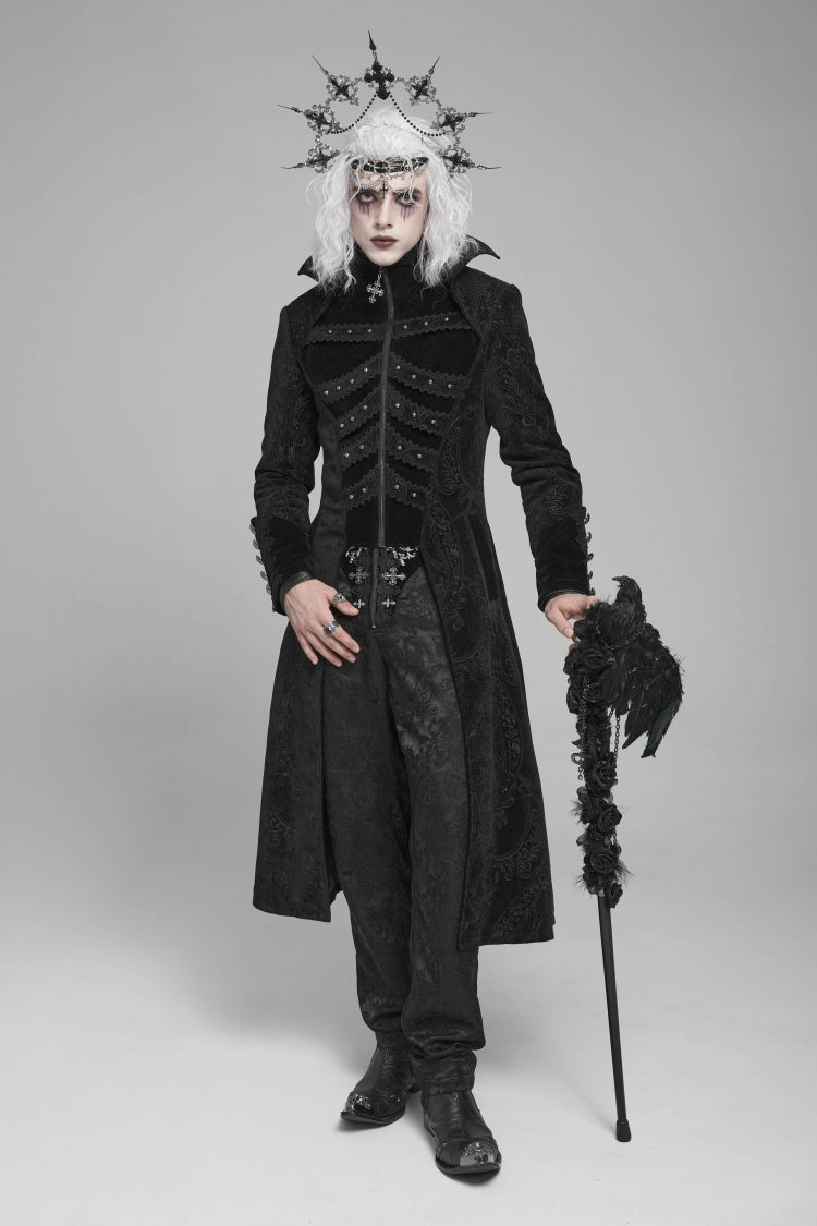 Black Diamante Stand Collar Long Sleeves Printed Zippered Men's Gothic Long Coat