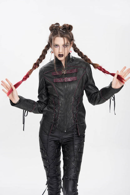 Black Pentacle Lace-Up Buckle Women's Punk Jacket