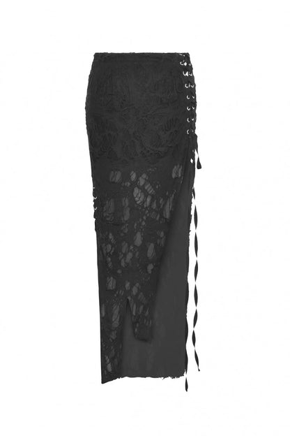 Black Lace-Up Ripped Women's Punk Split Long Skirt