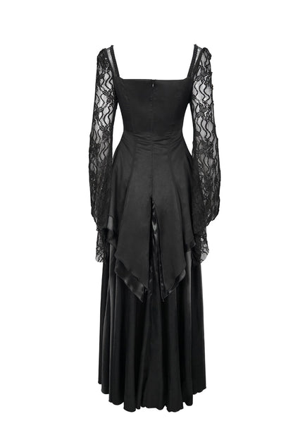 Black Lace Pointy Large Sleeves Back Middle Zipper Satin Long Floor Length Women's Gothic Dress