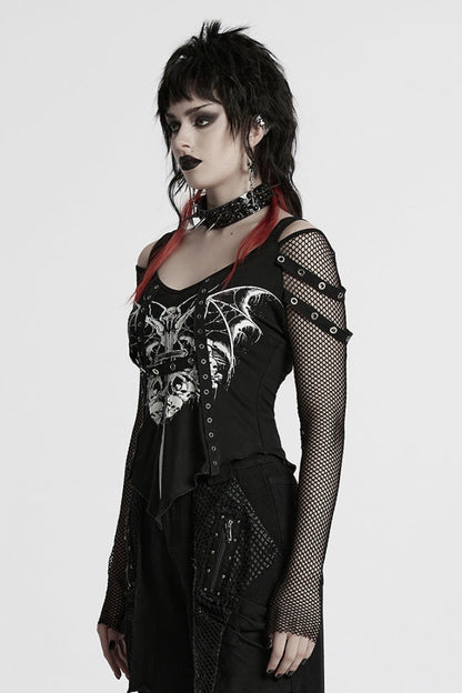 Black Long Sleeves Cutout Skull Print Stitching Mesh Women's Punk Blouse