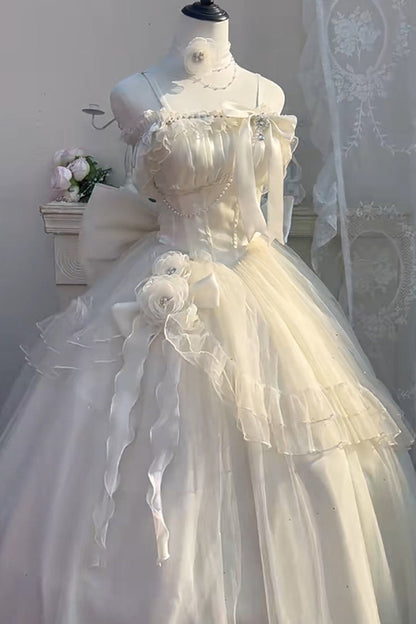 Apricot [Bright Stars] Off Shoulder Ruffle Bowknot Asymmetric Sweet Elegant Princess Lolita Dress