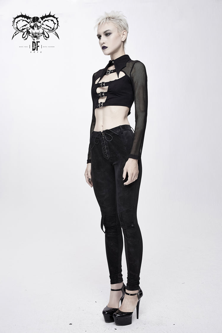 Black Bat Collar Splice Mesh Long Sleeve Chest Hasp Short Women's Punk T-Shirt
