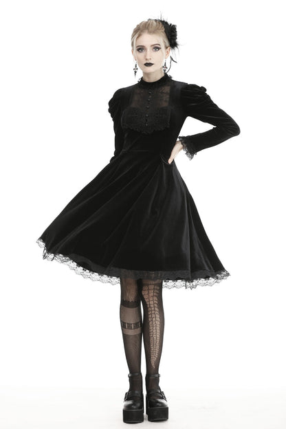 Black Lace Long Puff Sleeves Women's Gothic Velet Dress