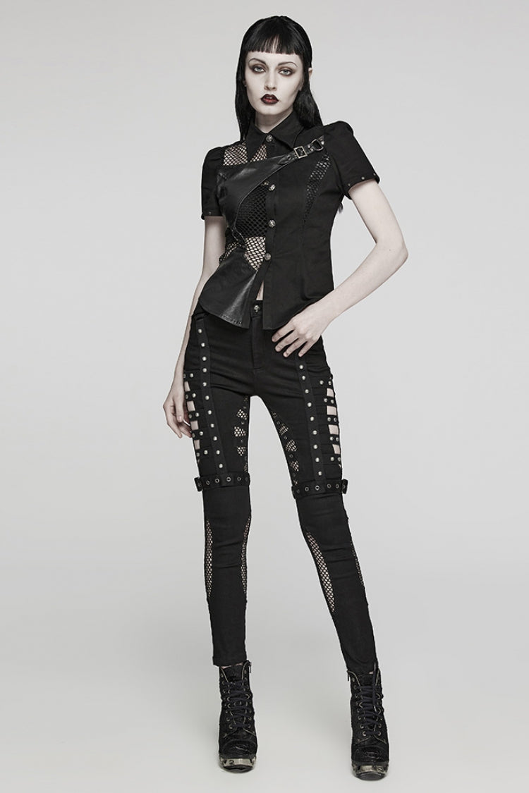 Black Mesh Women's Punk Cutout Eyelet Jeans